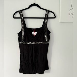 Le Chateau black tank top with cross cross front and beaded embellishment